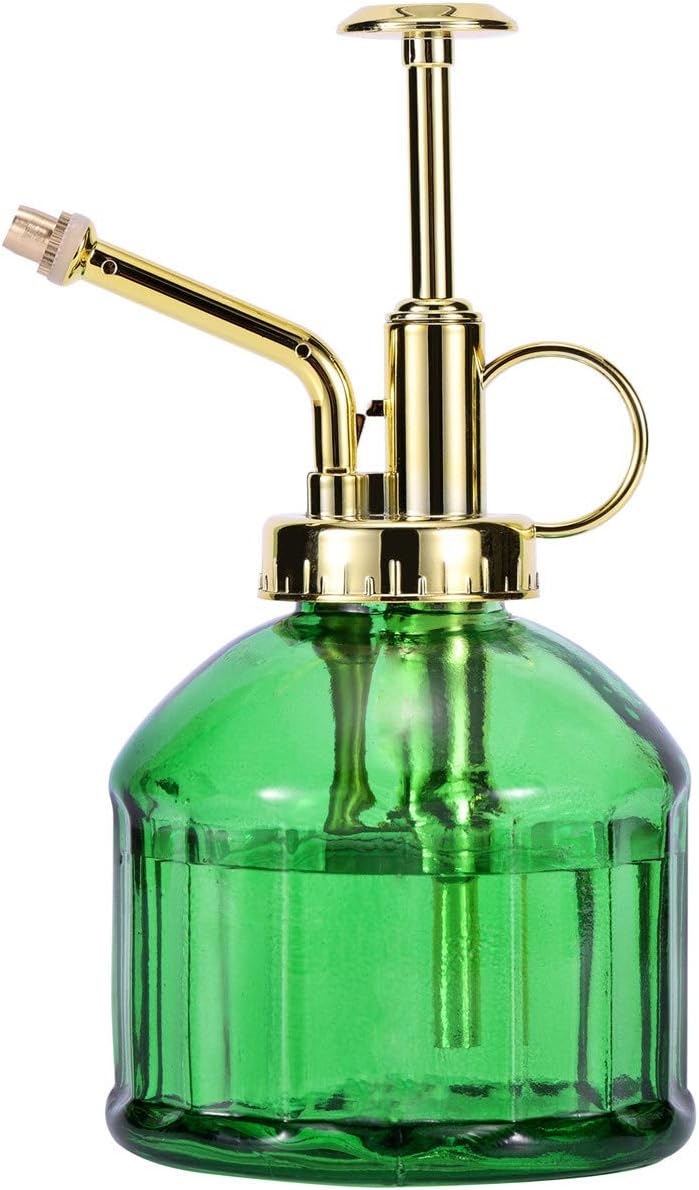 Glass Plant Mister Spray Bottle, 6.5" Green Glass Water Spray Bottle with Gold Top Pump Small Watering Can, Small Plant Sprayer Mister for Indoor Outdoor House Plant, Green+Gold (Green+Gold B)