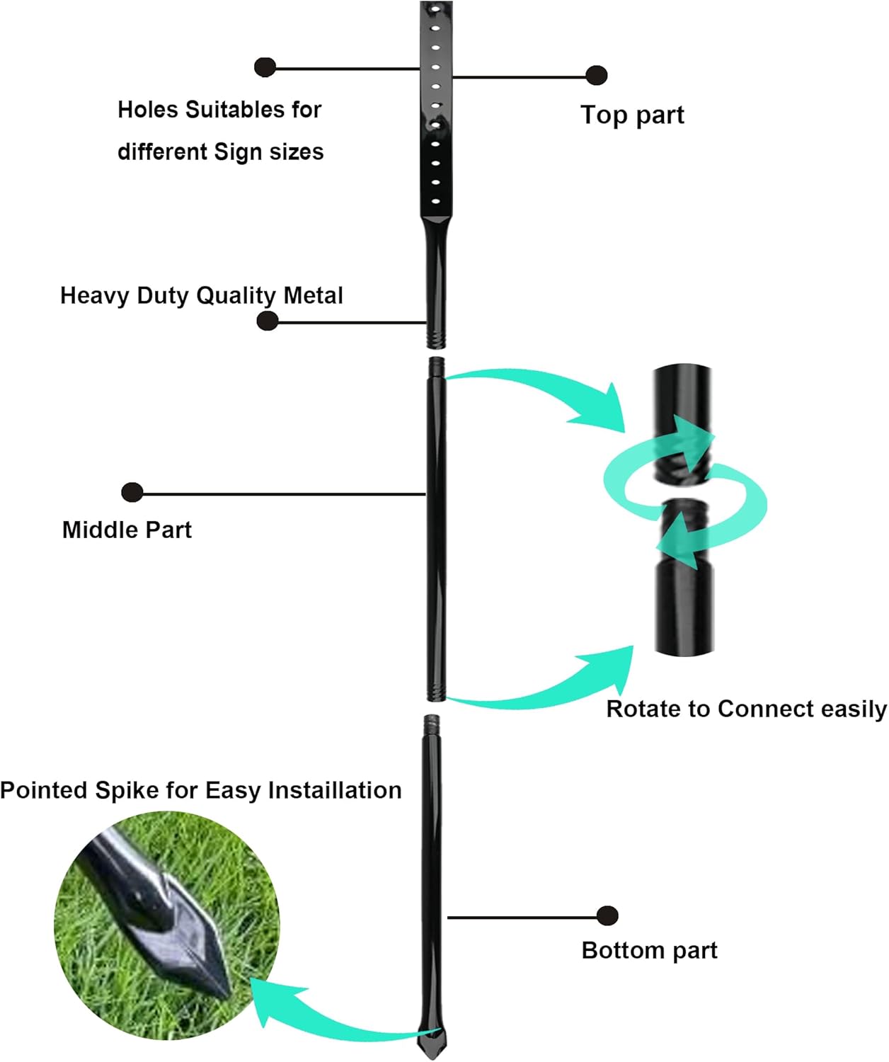 2Pcs 54 Inches Heavy Duty Metal Stakes for Yard Sign, with Screws Hardware, for Outdoor Lawn Bar Parking Garage Event,Black