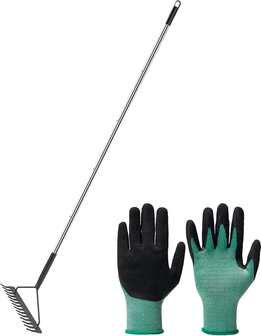 Sturdy Garden Rakes for Leaves: Metal Rake Heavy Duty Tool for Quick Clean Up of Lawn and Yard, 38’’--63’’ Adjustable Long Handle and 14Tines
