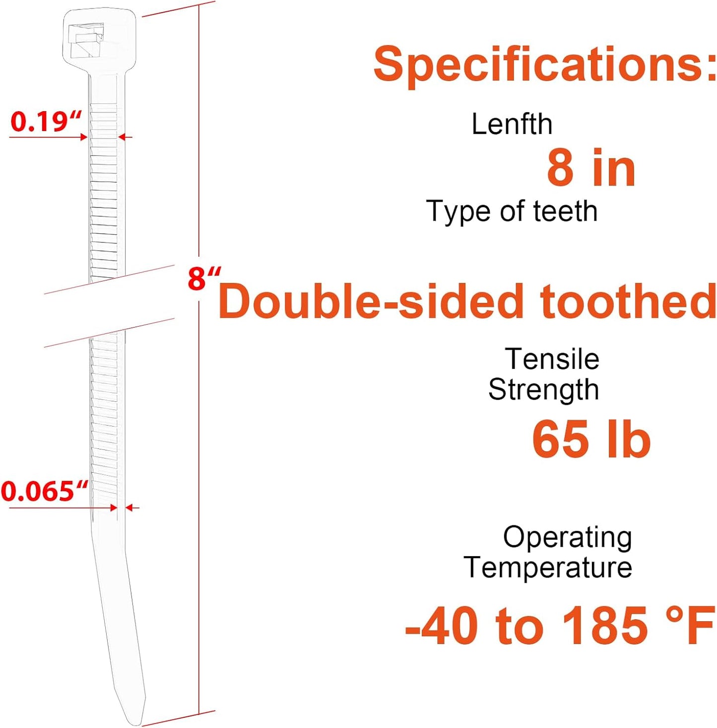 8 Inch Zip Ties Double Sided Toothed (Bulk 1000 Pack Black),65lbs Tensile Strength Heavy Duty Cable Wire Ties with Self-Locking Adjustable Nylon Tie Wraps for Indoor Outdoor (Patented Design)