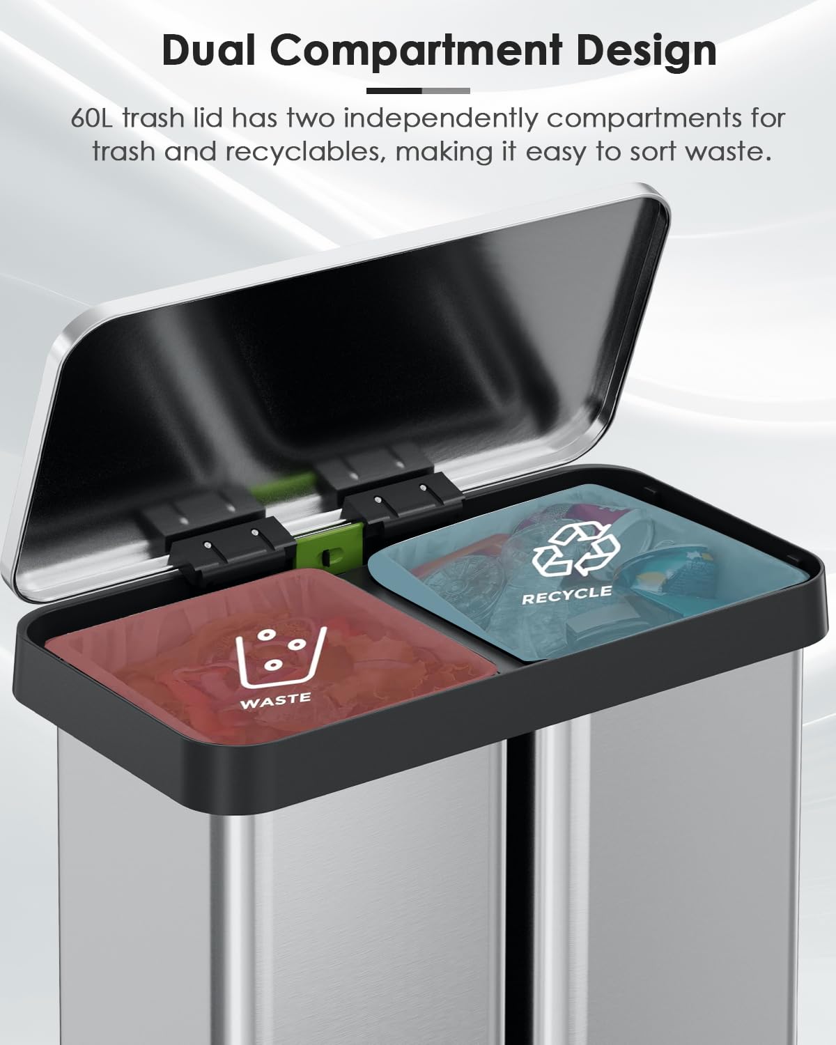 Arlopu 16 Gallon Dual Trash Can, 60L(2x30L) Stainless Steel Kitchen Garbage Can, Step-on Classified Recycle Garbage Bin with Removable Inner Buckets, for Kitchen, Living Room, Office (Silver)