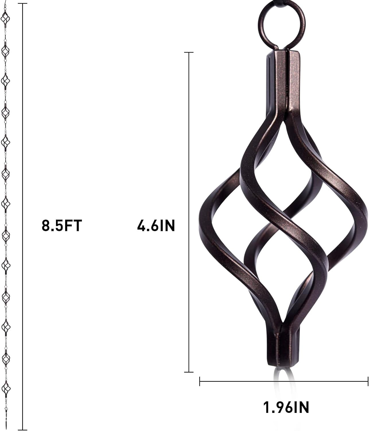 Rain Chain Bird Cage Set 8.5Ft, Not Rust Wrought Iron Rain Chains for Gutters with Adapter Gotta Drain and Sturdy Anchoring Stake,13 Cups, 1 Hook, Adjustable Length for Garden Decorative (Coffee)
