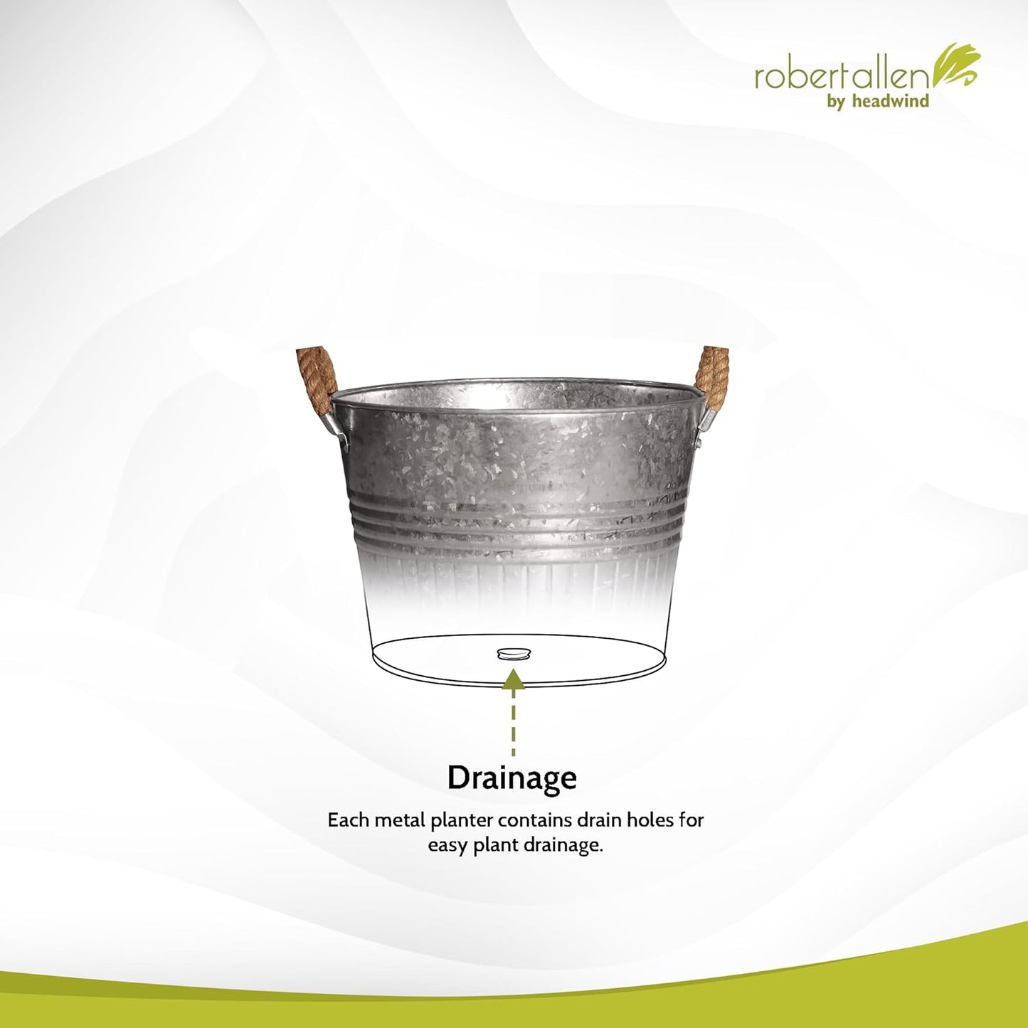 Headwind Round Galvanized Bucket w/Rope Handles – 10 Inch Metal Tub Bucket Planter for Outdoor Plants with Drainage Hole – Galvanized Large Outdoor Planters Buckets by Robert Allen