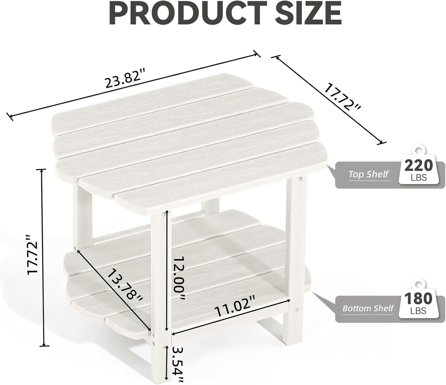 Small Outdoor Side Tables Modern 2-Tier Adirondack Table Rustic End Table HDPE Storage Shelf Industrial Corner Rectangle Coffee Table for Patio Garden Balcony Backyard Pool Farmhouse Home White