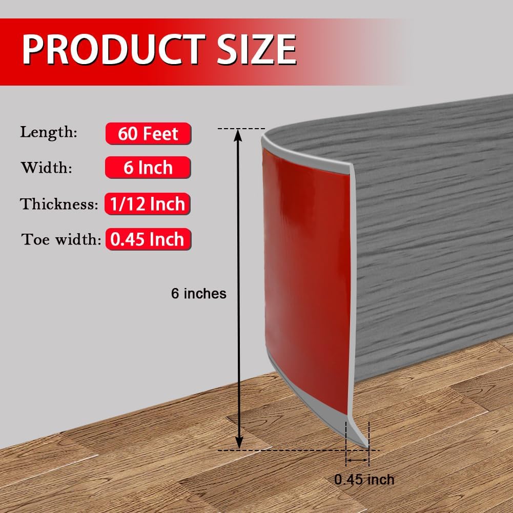 Vinyl Wall Base Baseboard Molding Trim 6" Flexible Self Adhesive Rubber Wall Base Moulding Trim Peel and Stick Design, 6 Inch x 60 Feet, Medium Grey Wood