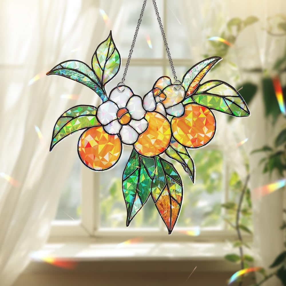 Personalized Orange Blossom Suncatcher – Stained Glass Citrus Window Hanging, Sun Catchers Indoor Window Decor for Kitchen or Garden Gift, Plant Gifts for Women, Grandma, Mother's Day, Christmas