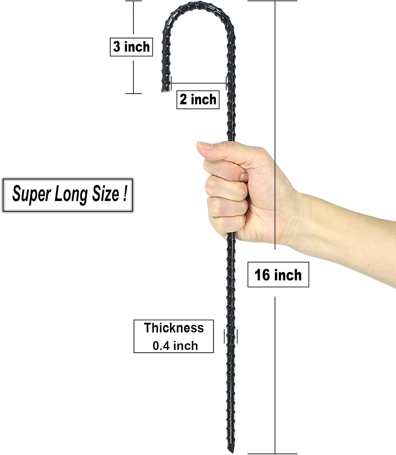 16 Inch Ground Rebar Stakes, J Hook Extra Heavy Duty Rust Proof Coated Steel Ground Anchors with Chisel Point End for Camping Tent and Canopy Tent (16)