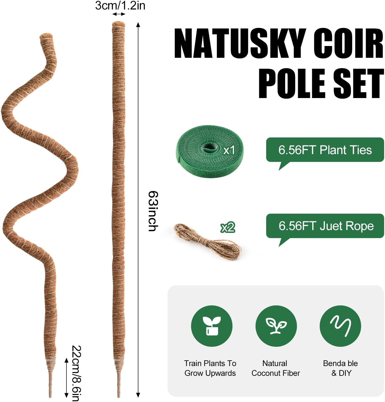 2 Pack Moss Pole, 63 Inch Bendable Moss Poles for Plants Monstera Long for Climbing Plants, Extra Large Handmade Pole Plant Sticks Support Stakes for Indoor Plants to Grow Upwards