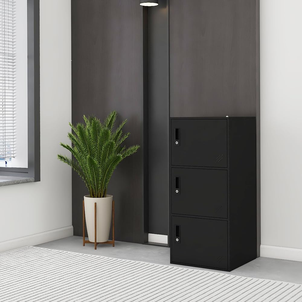 3 Door Vertical Stackable Storage Cabinet with Lock,Anti-Failing Device, Metal Lcoker,Organizer for Office, Home, Gym, School,Employee,Kids. (Black)