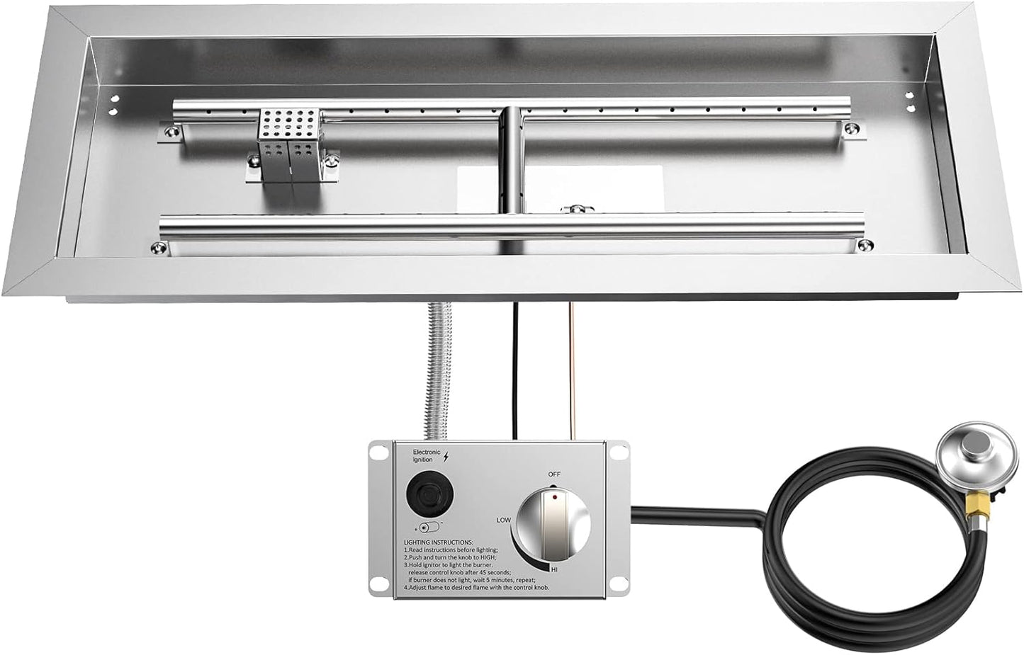 Skyflame Stainless Steel 24" Rectangle Fire Pit Drop-in Burner Kit with Extinguishing Protection Device, Flame Sensing, Electronic Spark Ignition, Gas Hose Connector for Propane