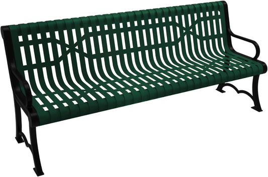 Coated Outdoor Furniture Heavy-Duty Outdoor Bench Thermoplastic Coated, Slated Steel, Commercial-Grade Garden Bench, Made in America (Portable with Back, 6 Ft, Textured Green)