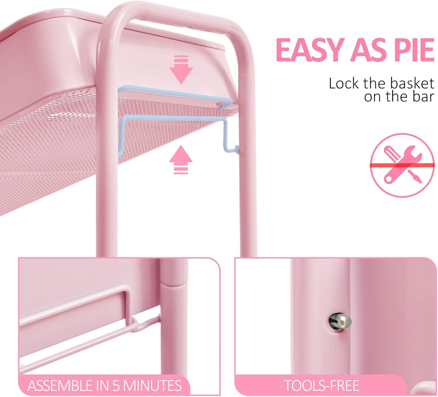 TOOLF 3-Tier Rolling Cart with Table Top, Metal Storage Cart on Wheels, Utility Organizer with Wooden Tray, Lockable Casters, Easy Assembly for Bathroom, Living Room, Office, Bedside, Pink