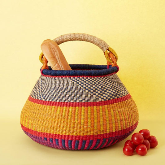 Home & Kitchen Decor, Wicker Basket, Picnic Basket, Living Room Basket, Organizing, Harvesting, Foraging, Fruit Storage, Hand Woven, Pot Shape, 16" Wide, Boho - Red Blue