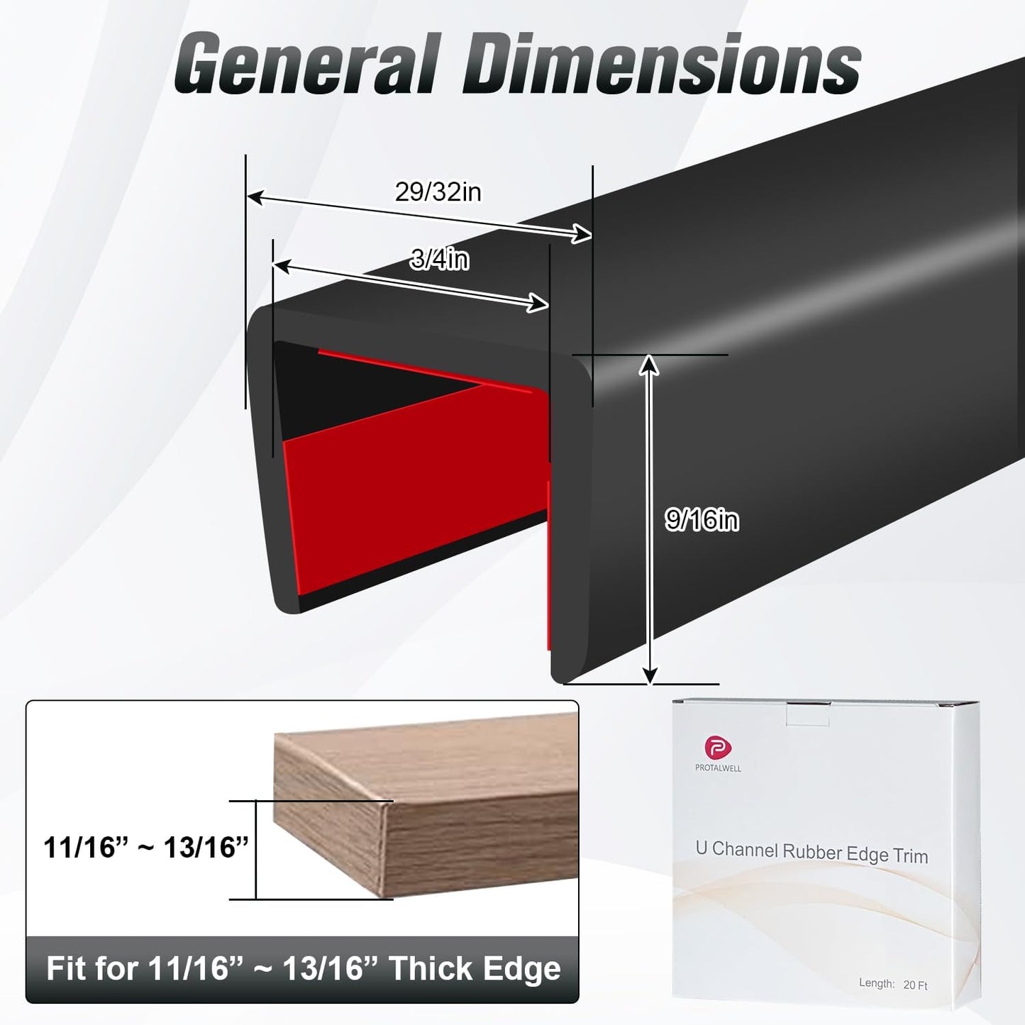 Rubber Edge Trim, Self Adhesive U Channel Edge Trim, Big Size U Shaped Trim, Edge Banding for Plywood, Woods, Shelf, Cabinet, Countertop, Fit for 3/4", Length 20Ft, Black