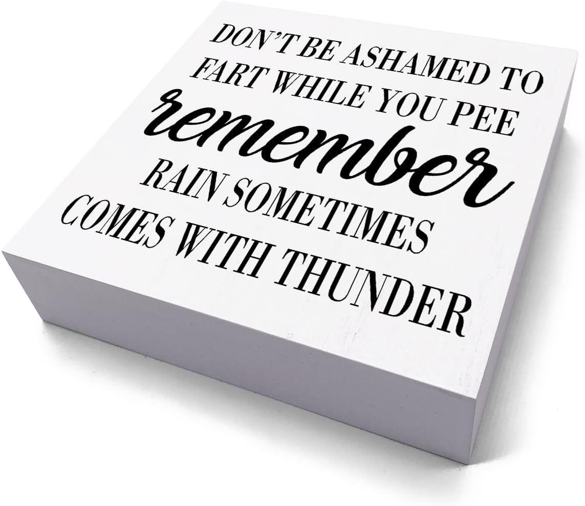 HTBIG Funny Bathroom Decor Desk Decor Wooden Box Sign Rustic White Wood White Plaque Box Sign for Home Farmhouse Bar Toilet Washroom Shelf Table Decoration Don't be Ashamed to Fart While Peeing Sign