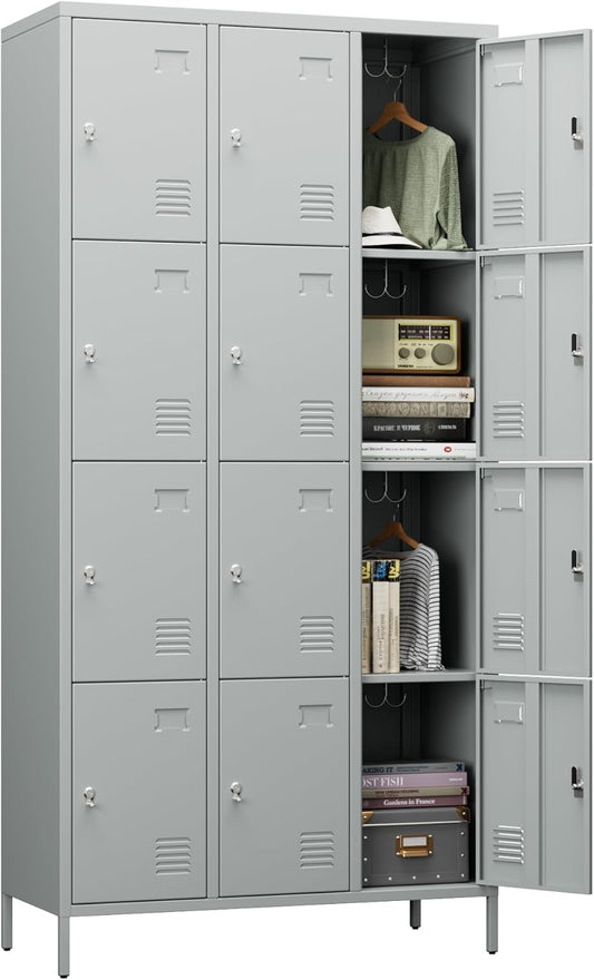 12 Doors Employee Lockers,Metal Storage Lockers for Employees with 12 Hooks for Offices School Gyms Home,Assembly Required,Light Gray