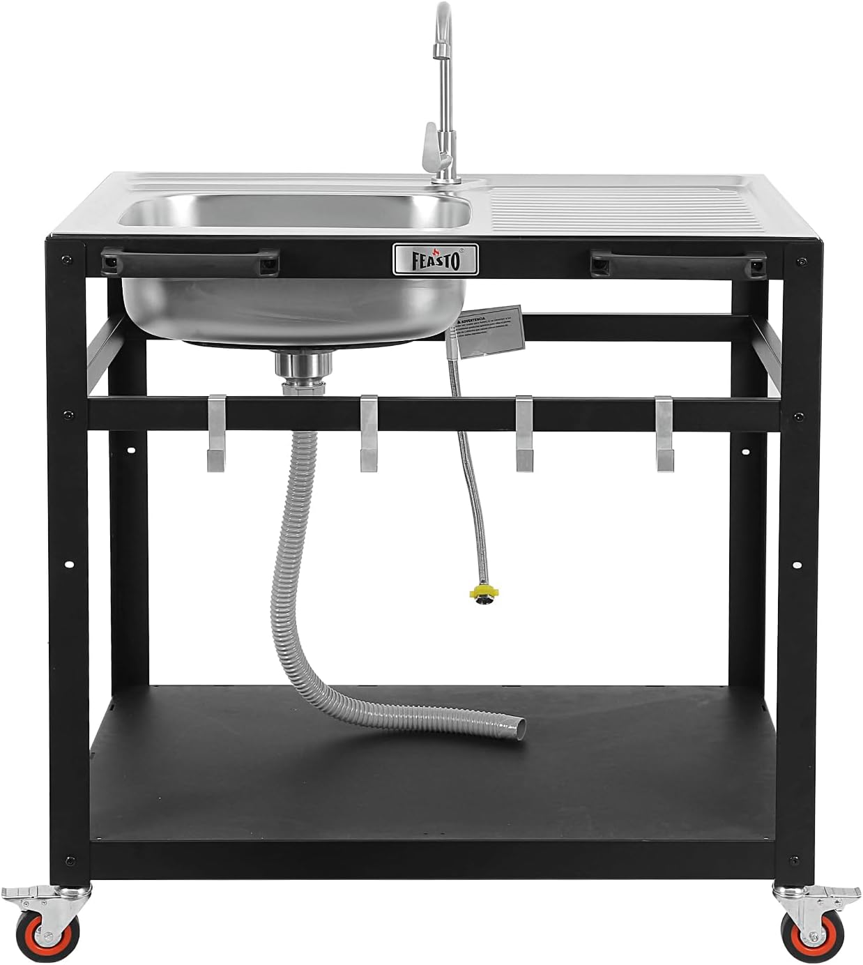 35” Outdoor Grill Cart with Sink, Outdoor Kitchen Sink Station with Hose Hook Up, Free Standing Sink with Wheels, Stainless Steel Sink with Single Bowl, Outdoor Utility Sink with Faucet