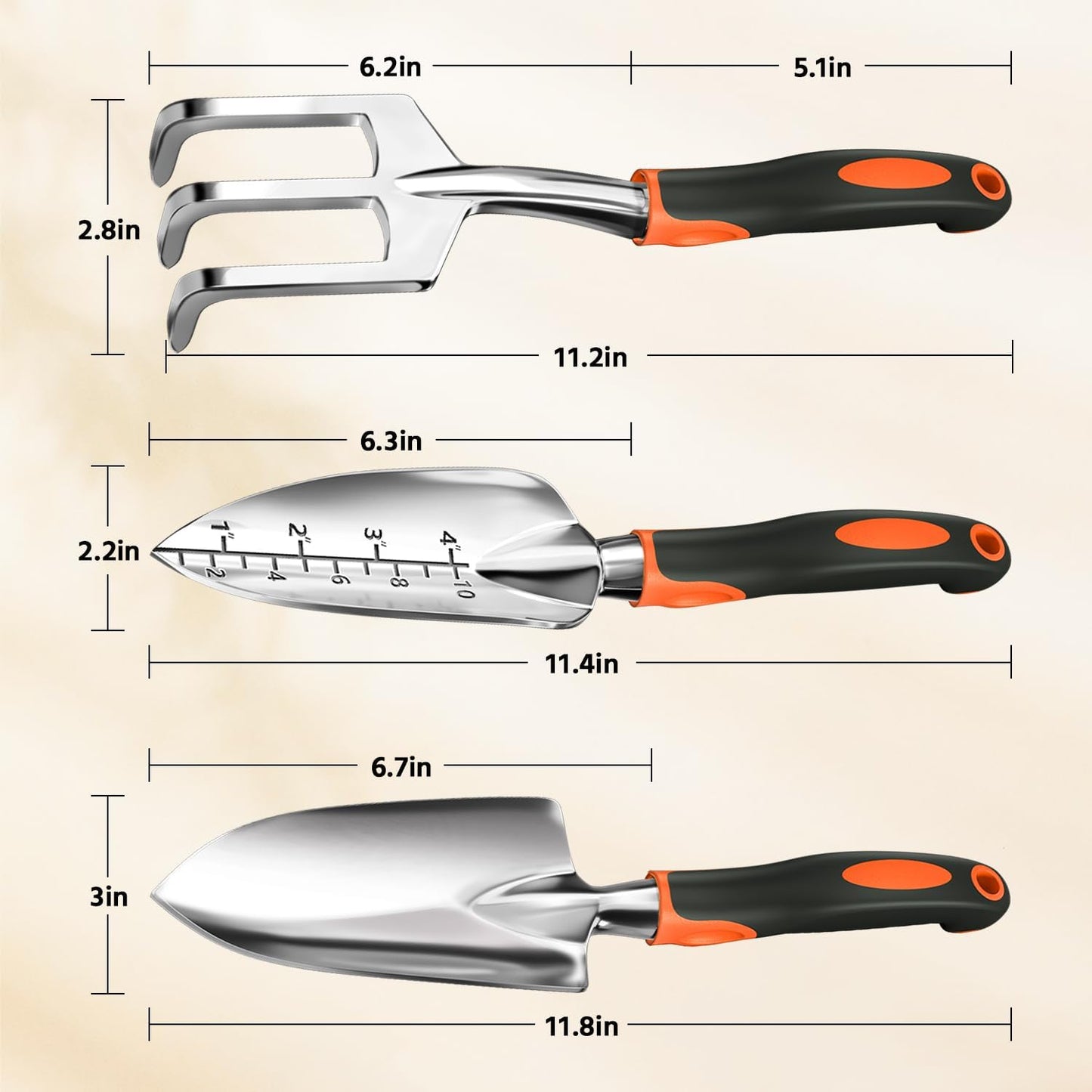 LASZOLA 3 Piece Garden Tool Set Include Hand Trowel Rake and Transplant Shovel for Women, Indoor Heavy Duty Small Spade Kit with Ergonomic Handle to Weed and Loosen, for Mom and Plant Beginner, Orange