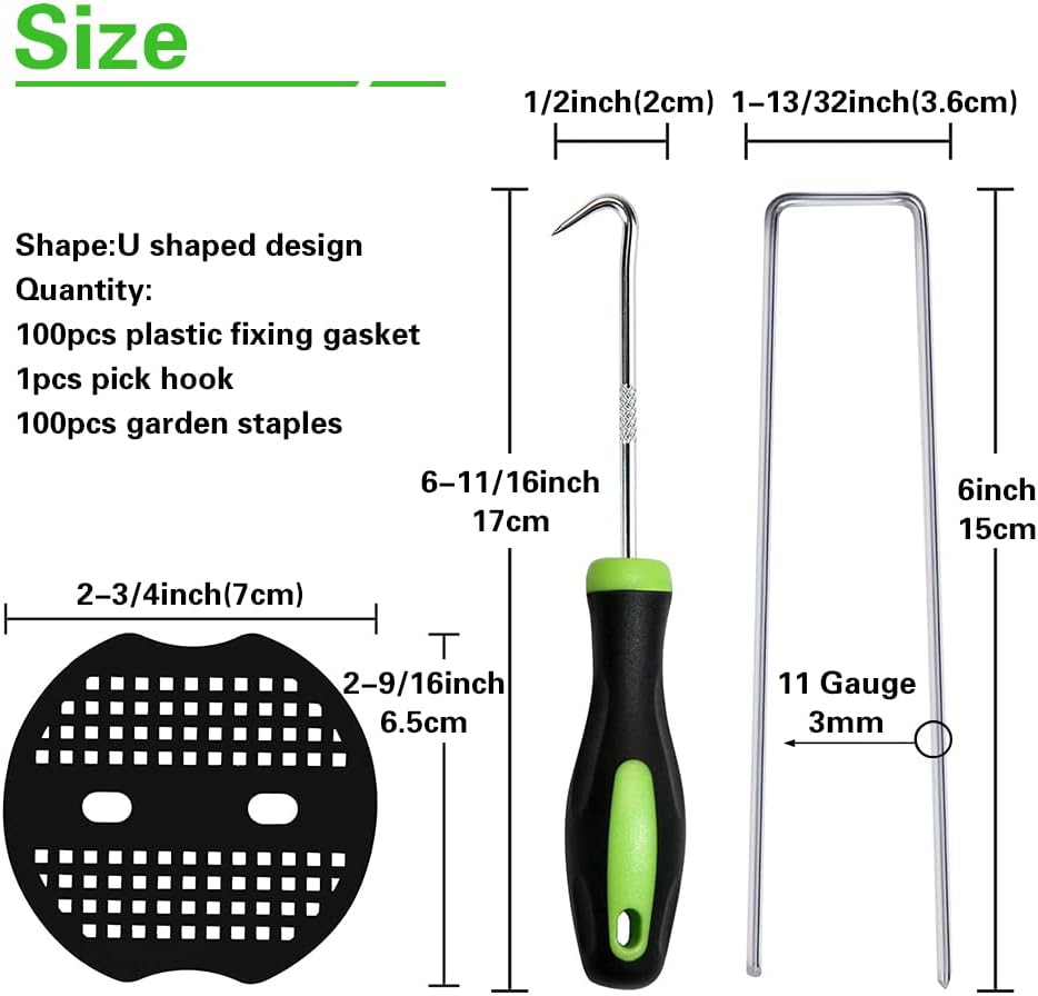100Pcs Garden Stakes Staples + 100Pcs Gasket, Bakulyor 6 Inch Lawn Landscape Staples 11 Gauge U Shaped Galvanized Landscape Pins, Heavy Duty Yard Ground Pin for Weed Barrier Sod Fabric Decorations