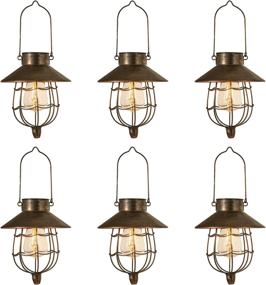 YAKii 6 Pack Solar Lantern Hanging Waterproof Outdoor Metal Solar Lamp with Warm White Light Decorate for Yard Garden Pathway Patio Porch (Antique Copper)