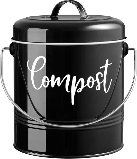 Compost Bin Kitchen, 1.3 Gallon Farmhouse Kitchen Compost Bin Countertop, Indoor Countertop Compost Bucket with Lid and Charcoal Filters, Black