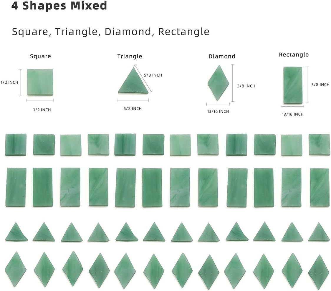 Lanyani 200pcs Mixed Color Glass Mosaic Tiles - 4 Shapes, Tiffany Stained Glass Pieces - Square/Rectangle/Diamond/Triangle