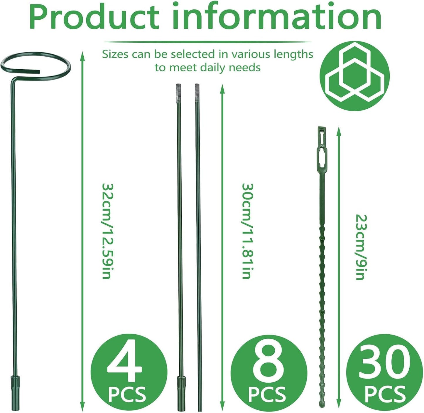 Huakaile 4 Packs Adjustable 35.4" Plant Stakes and Supports with 30 Pieces 9" Twist Ties, Green Plant Holder Stick Outdoor Indoor, Metal Flower Support Stakes Rings for Gardens Vegetables (90 cm)