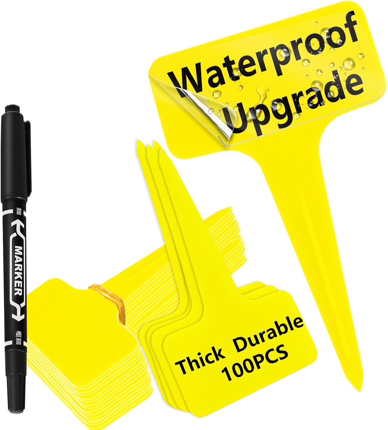 100 Pcs Yellow Thick Plastic Plant Labels Markers Tags Garden Re-Usable T-Type Sign with Marking Pen