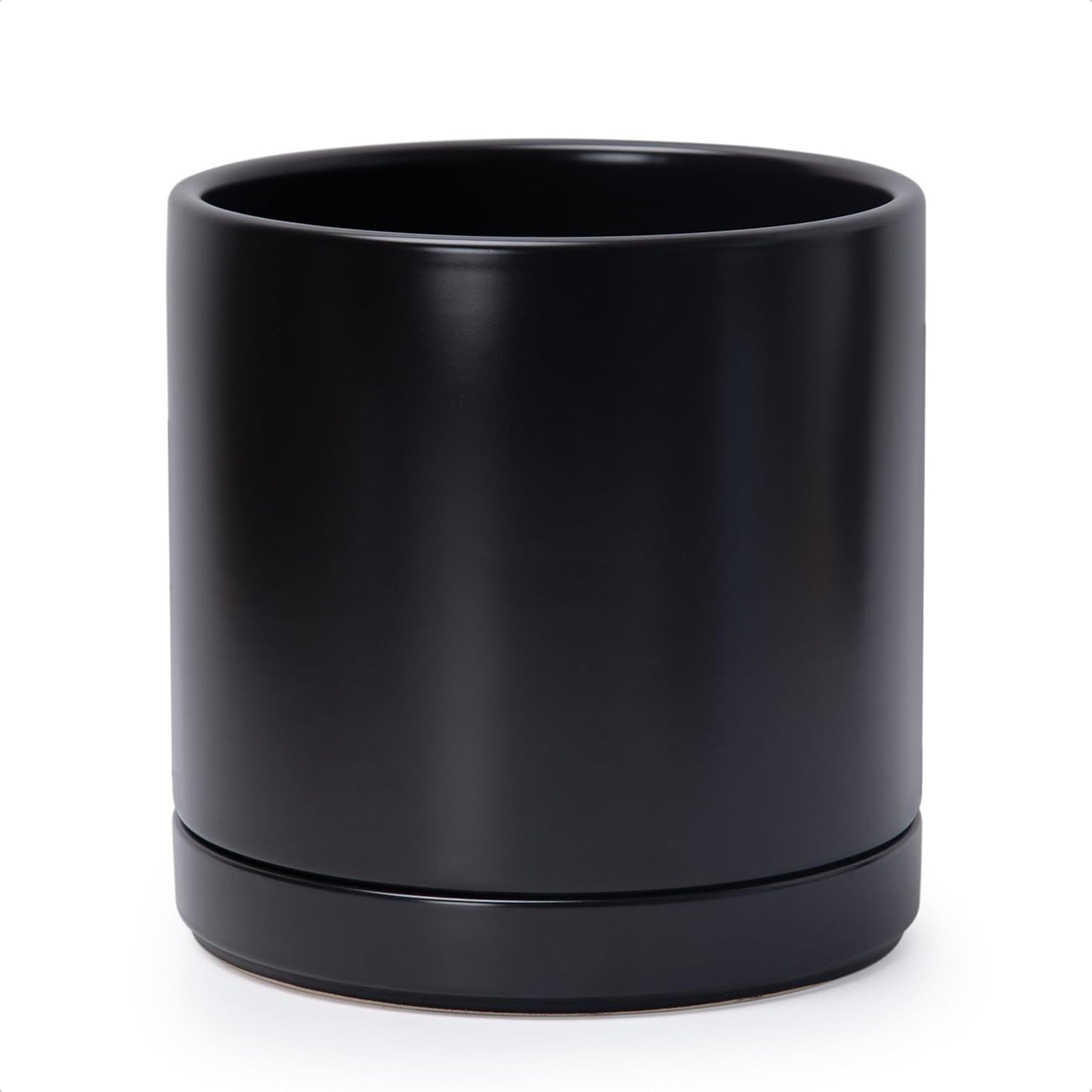 D'vine Dev 10 Inch Ceramic Planter Pot with Drainage Hole and Saucer, Indoor Cylinder Round Planter Pot, Black, 94-O-E-2