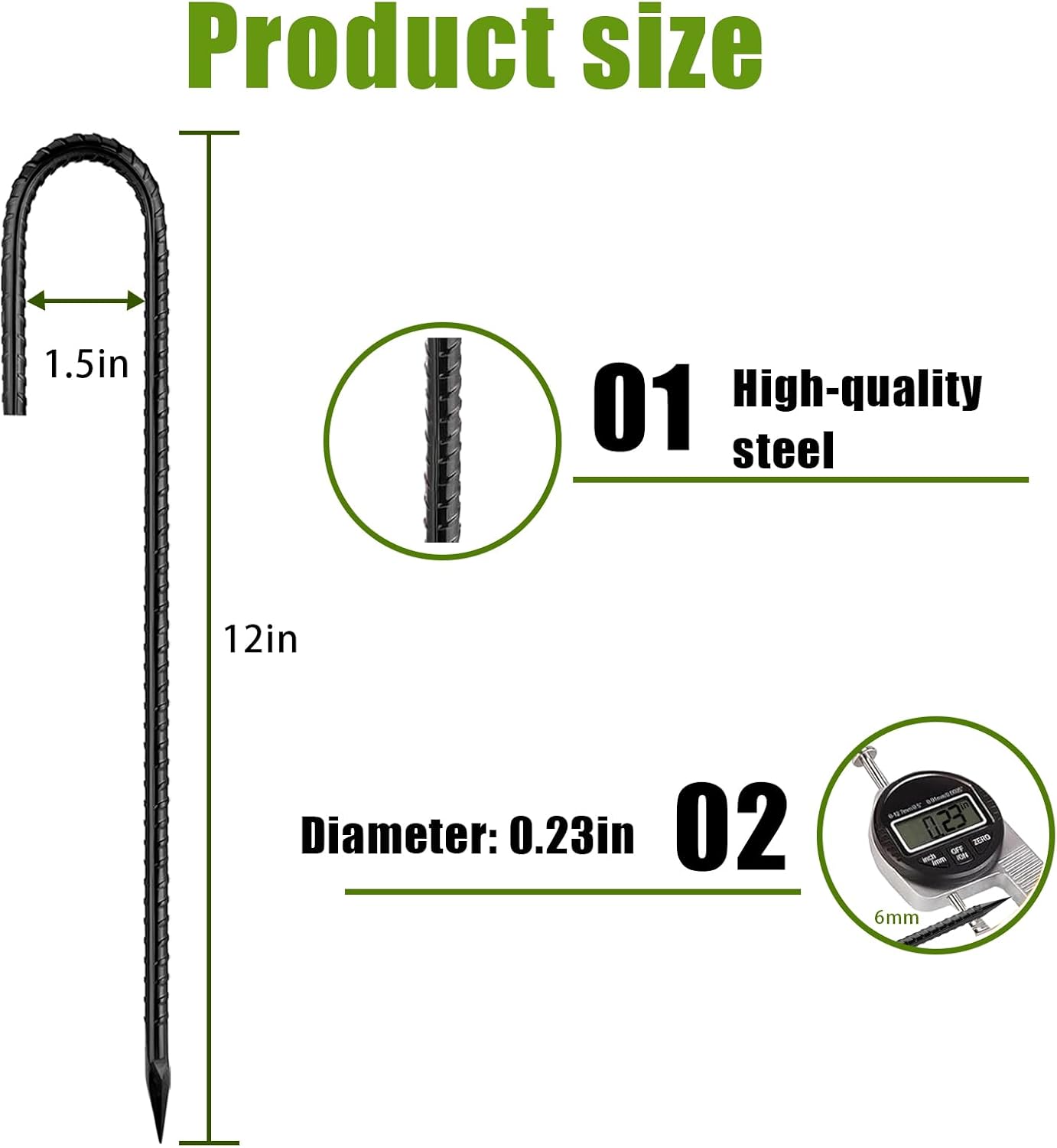 Rebar-Stakes-12Inch,J Hooks Ground Stakes Anchors for Gardening Black Coated Ground Stakes 20pcs Anti-Rust Heavy Duty Dog Fence Fixed Water Pipes Soccer Goals Tent Camping Trampoline