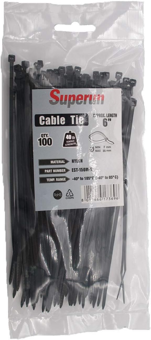 Superun Black Zip Ties 6 Inch, 40 Lbs Tensile Strength Wire Ties (Industrial Grade Cable Ties) Pack of 100