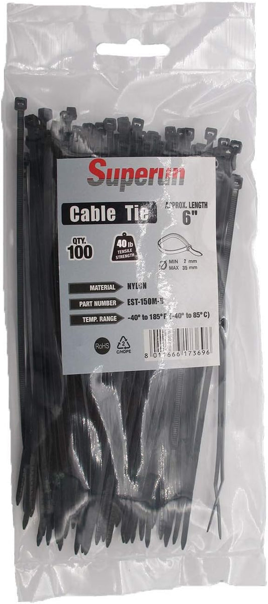 Superun Black Zip Ties 6 Inch, 40 Lbs Tensile Strength Wire Ties (Industrial Grade Cable Ties) Pack of 100