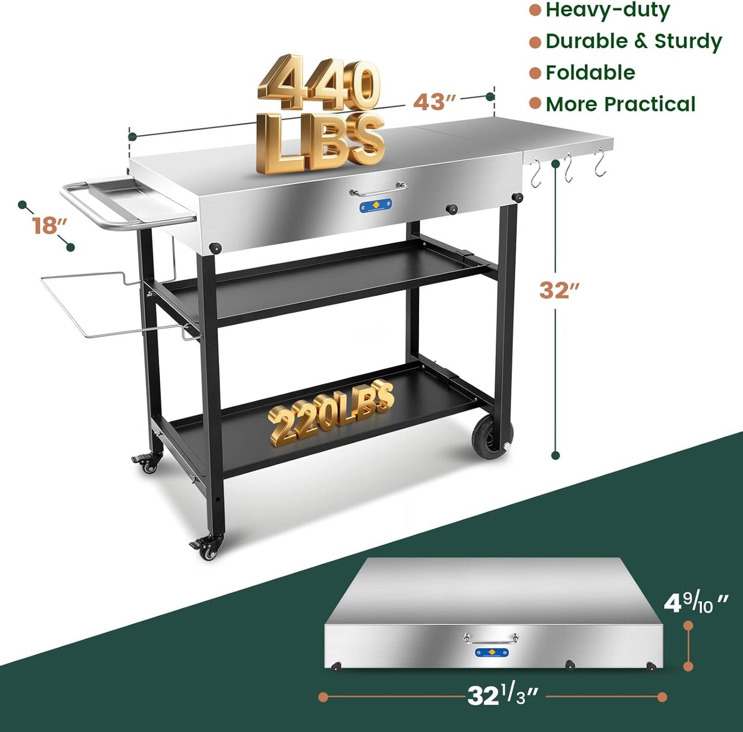 ARC Advanced Royal Champion Outdoor Grill Cart,Blackstone Griddle Stand,440lbs Grill Table Pizza Oven Stand with Wheels for Ninja Woodfire Grill (43" W*17" D)