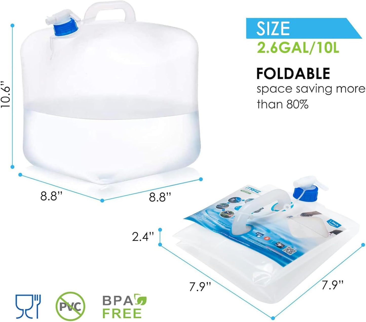 Collapsible Water Container Jug, 2.6 Gallon No BPA Water Storage Carrier with Spigot, for Camping Hiking Backpacking RV Outdoors and Emergency, Foldable Portable Survival Kits for Hurricane