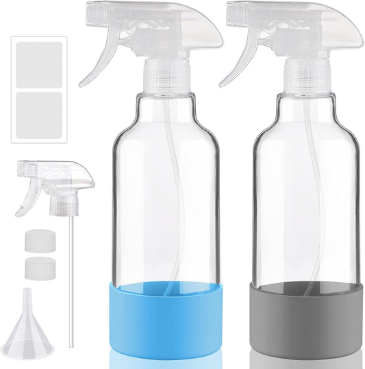 Glass Spray Bottles with Silicone Sleeve, 2 Pack 16.9oz Refillable Containers with Adjustable Spray Nozzles, Empty Spray Bottle for Cleaning Solutions, Hair, Plants (Blue+Grey)