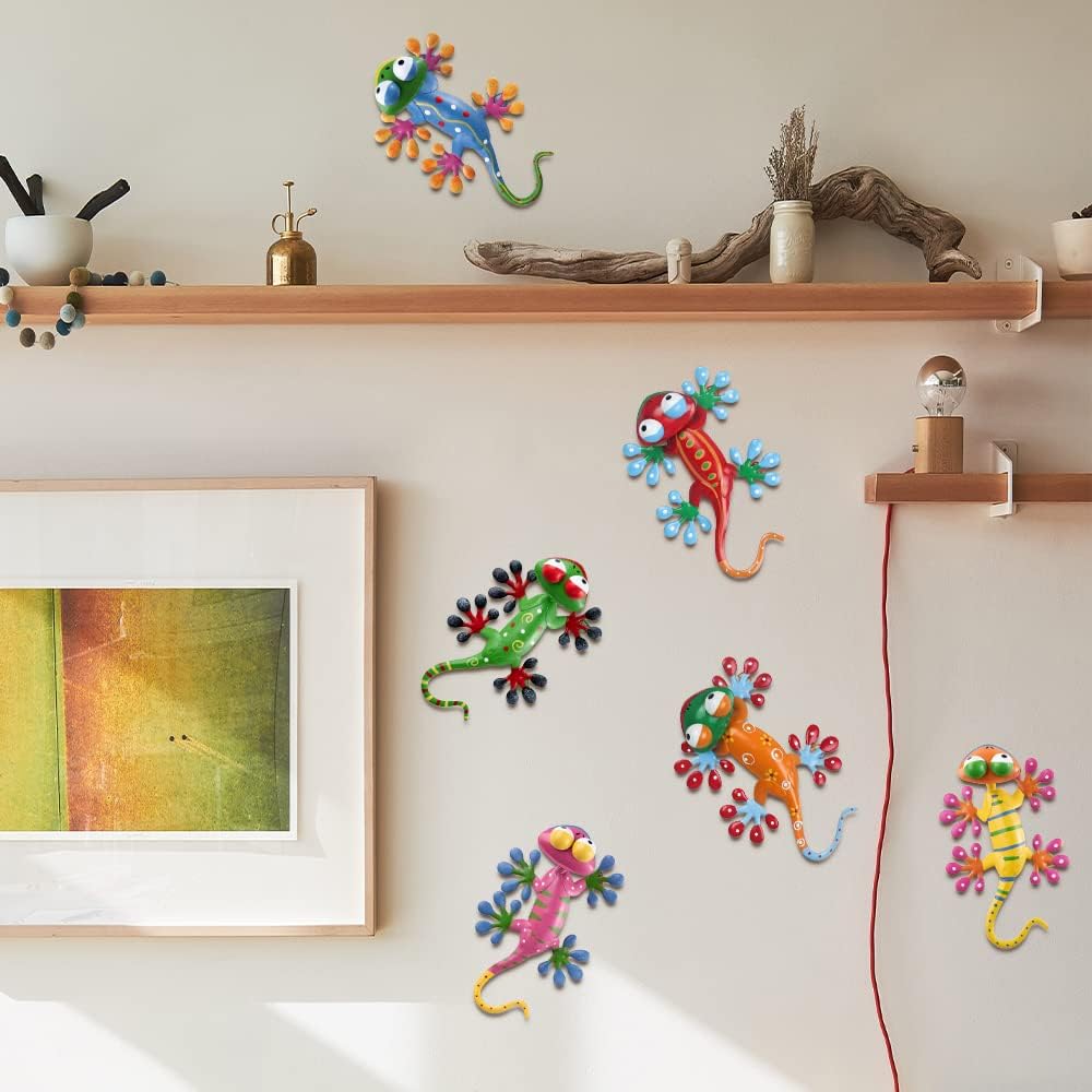 hogardeck Metal Gecko Outdoor Wall Decor, 6 Pack Lizard Wall Art Garden Sculptures & Statues with Free-adjustable Head Outdoor Spring Decor for Front Yard Fence Patio