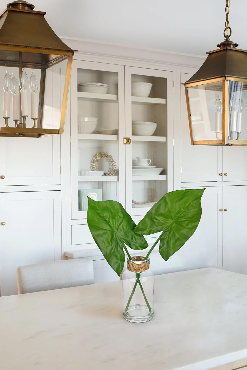 Fake Plants Faux Greenery Stems in Glass Vase with Faux Water, Realistic Silk Faux Plants Artificial Tropical Leaves for Home Bathroom Office Wedding Centerpiece Décor