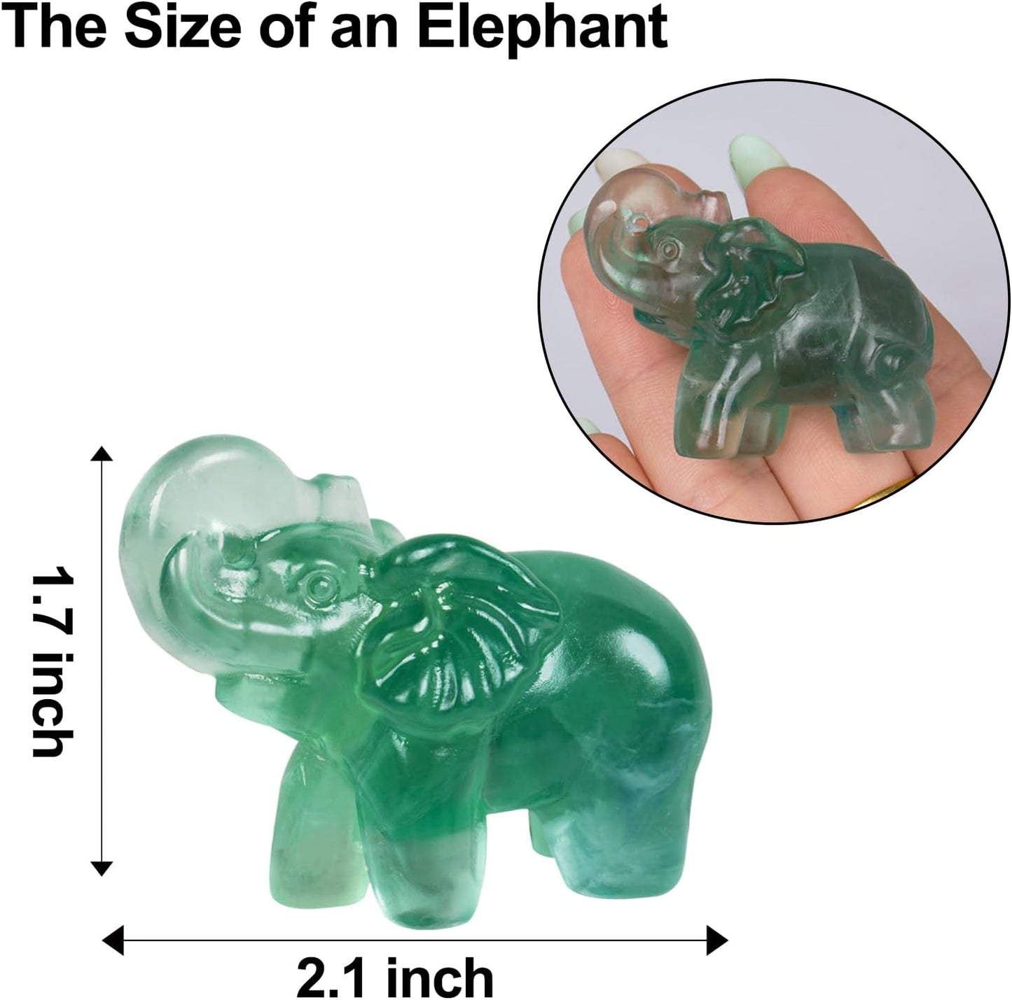 2 Inch Fluorite Crystal Elephant Sculpture Handcrafted Healing Stone Animal Figurine Spiritual Home Decor Lucky Charm Gift for Wealth Success Positive Energy and Meditation Lovers