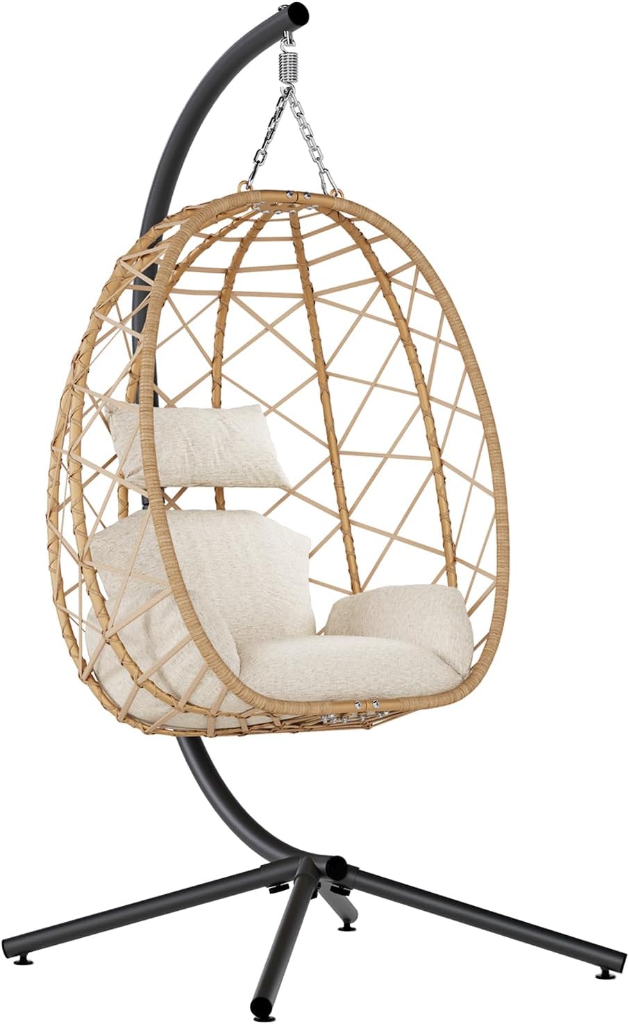 SWITTE Egg Swing Chair with Stand, Outdoor Patio Hanging Egg Chair, Indoor Hammock Chair with Cushion for Garden Backyard, 400LBS Capacity-Beige
