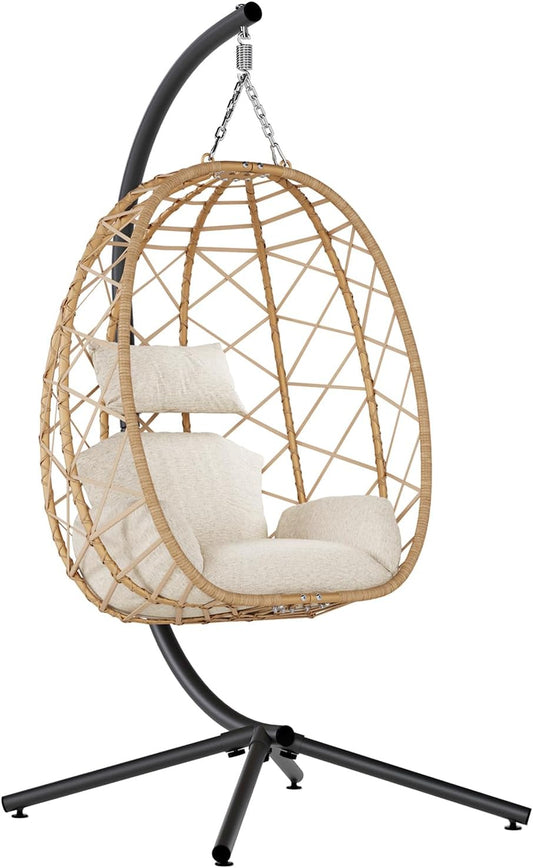 SWITTE Egg Swing Chair with Stand, Outdoor Patio Hanging Egg Chair, Indoor Hammock Chair with Cushion for Garden Backyard, 400LBS Capacity-Beige
