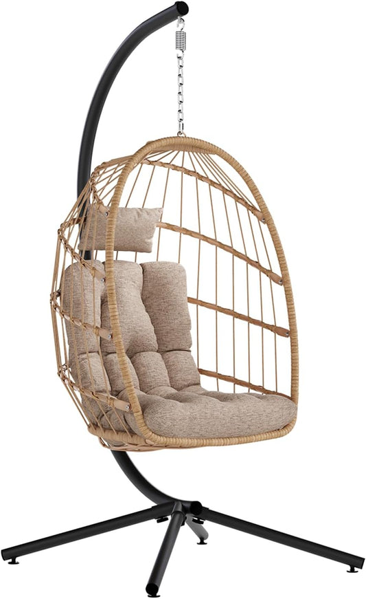 SWITTE Egg Chair Outdoor with Stand, Indoor Wicker Hanging Egg Swing Chair with Cushion, 350lbs Capacity for Patio, Bedroom, Garden - Cream