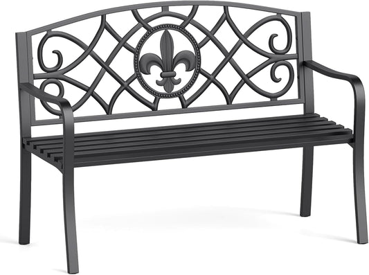 Tangkula Metal Outdoor Garden Park Bench, 50.5 Inch Metal Slatted Loveseat for 2-3 with Cast Iron Floral Backrest, Heavy-Duty Patio Seating Furniture for Backyard, Porch, Balcony