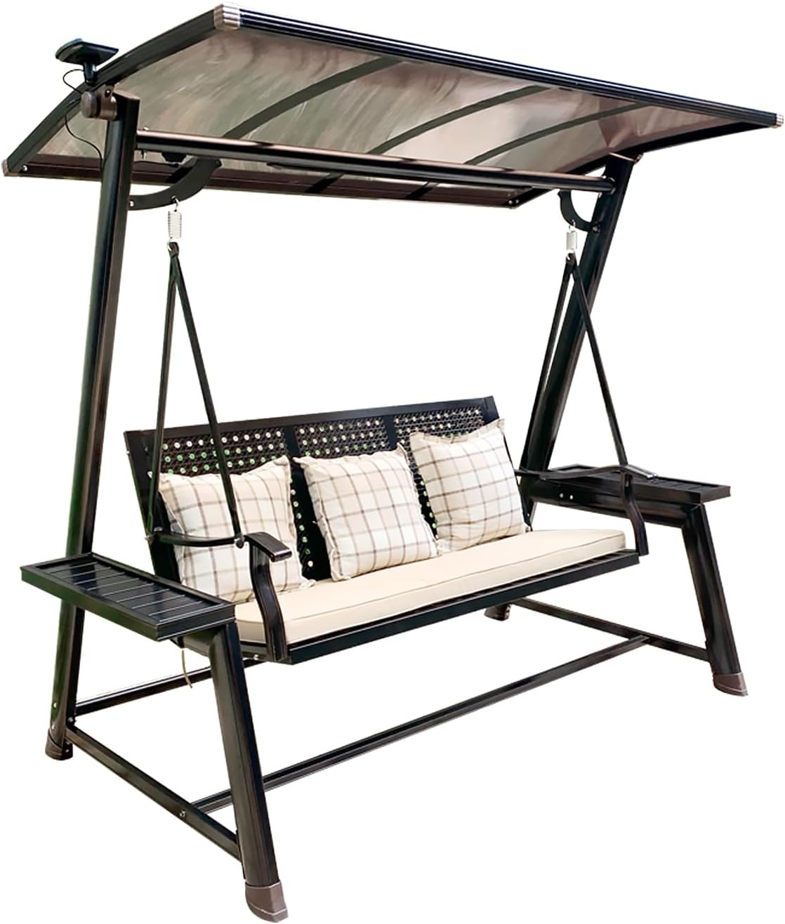 2/3-Seat Outdoor Patio Porch Swing with Adjustable Aluminum Alloy Canopy Solar Patio Swing Chair Bench with Footrest Side Cup Holder for Backyard Lawn (L-Aluminum Mesh Red Copper-3 Seat)