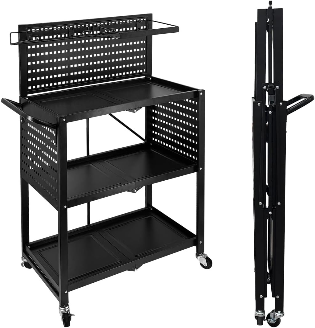 Lumizone Foldable Tool Cart with Wheels Rolling Utility Service Cart with Pegboard for Power Tool Organization Garage Organizer Storage on Wheels Heavy Duty Folding Design (Tool Cart)