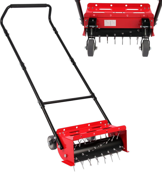 18.5 inch Push Spike Aerator, Lawn Aerator Tool with Side skids,Aerator with Two Height Adjustable Wheel,Rolling Aerator Suitable for Lawn, Garden and Yard