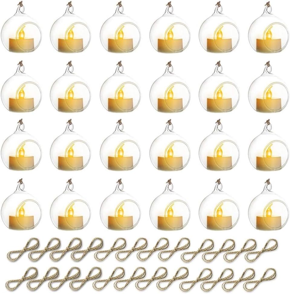 Sziqiqi Hanging Glass Globes Orbs Tea Light Candle Holders with Flameless LED Tealight for Wedding Ornaments, Wedding Birthday Christmas Party Centerpiece Accessory 2.36inch 20pcs +4 Extra
