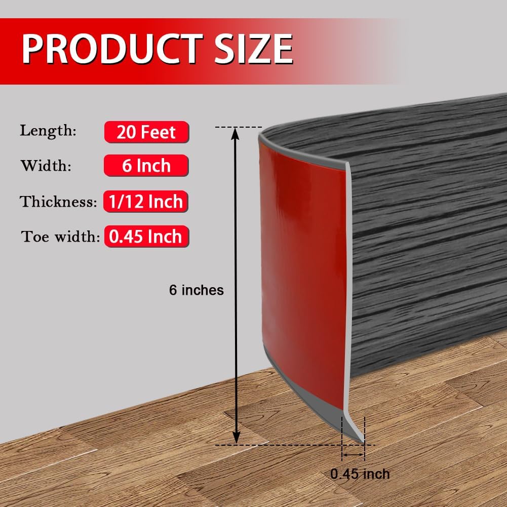 Vinyl Wall Base Baseboard Molding Trim 6" Flexible Self Adhesive Rubber Wall Base Moulding Trim Peel and Stick Design, 6 Inch x 20 Feet, Dark Gray Wood