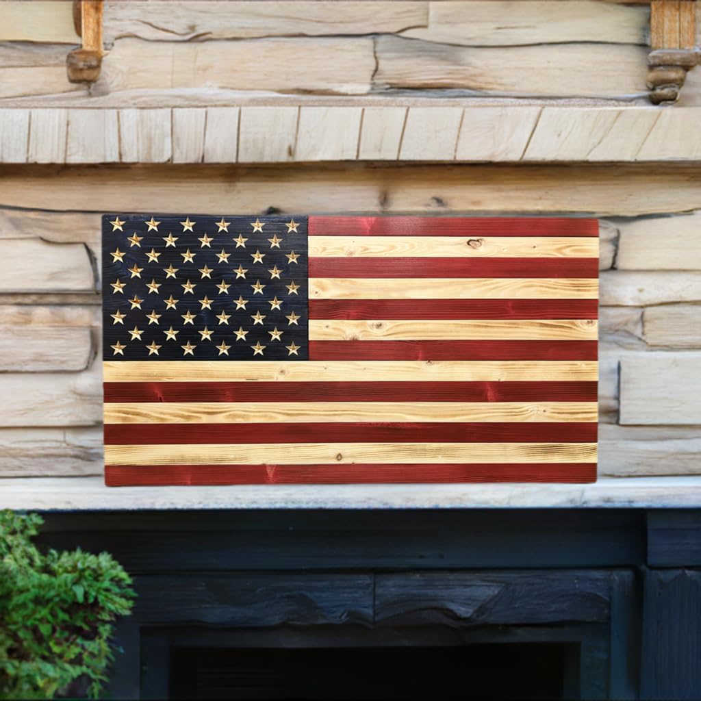Rustic Wooden American Flag, Patriotic Wall Art (Natural Finish, 26x47)