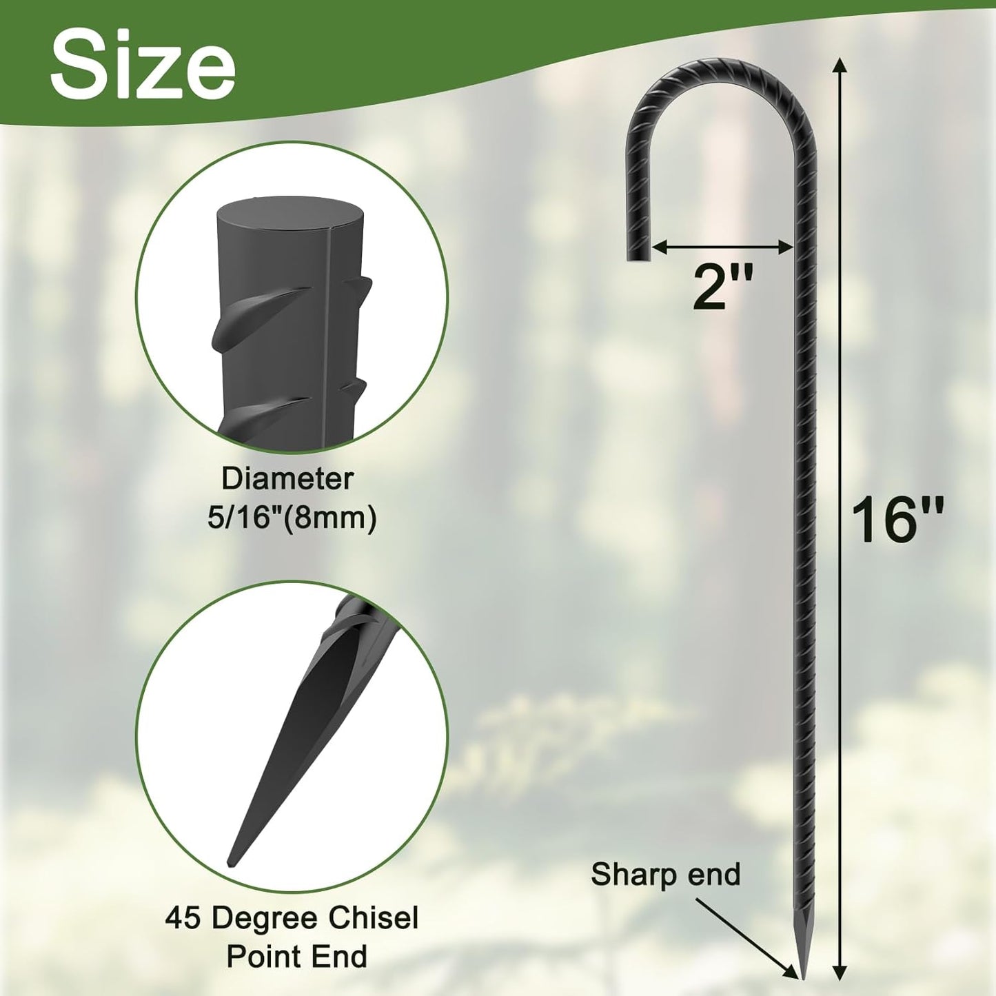 Rebar Stakes 16 inch, Heavy Duty J Hook Ground Stakes, 5/16 inch Curved Steel Tent Stakes Anti Rust Ground Anchors for Chain Link Wire Fencing, Pack of 40, Black