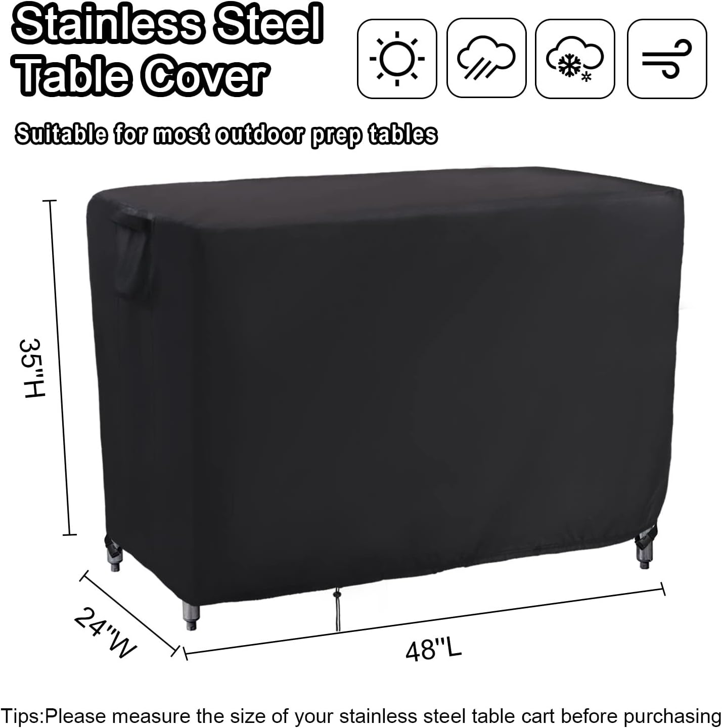 Kingling Outdoor Table Cover 48 Inch, Waterproof Stainless Steel Table Cover Metal BBQ Table Covers Weather Protection for Patio Kitchen Work/Prep Tables - 48''L x 24''W x 35''H(Black)